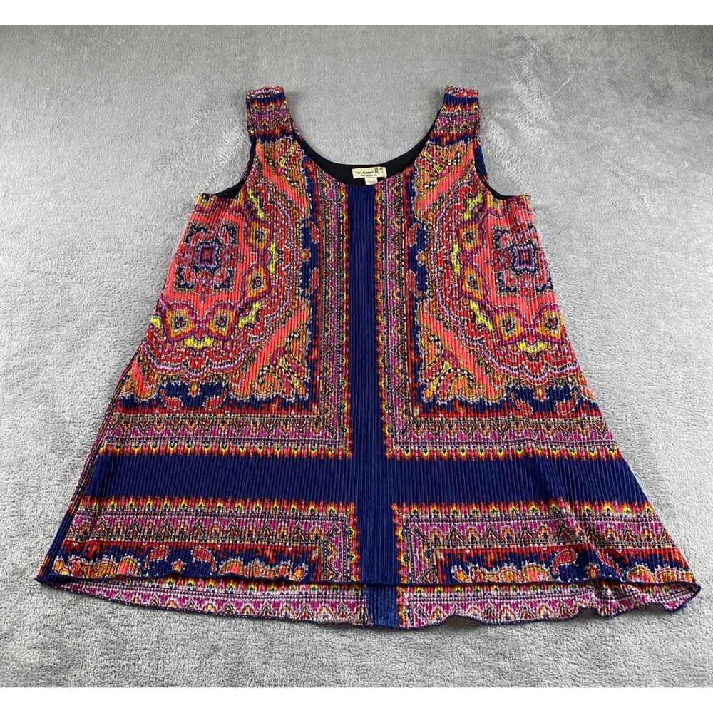 One World Women's M Pleated Geometric Print Tank Top Tunic Navy Pink Yellow